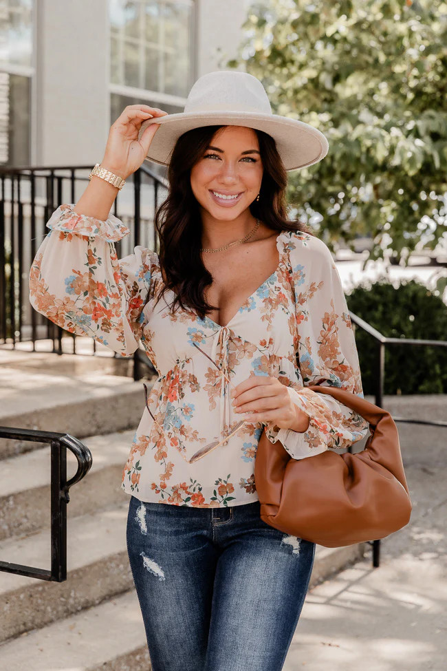 Amuse Me Beige Tie Bust Floral Blouse | Pink Lily