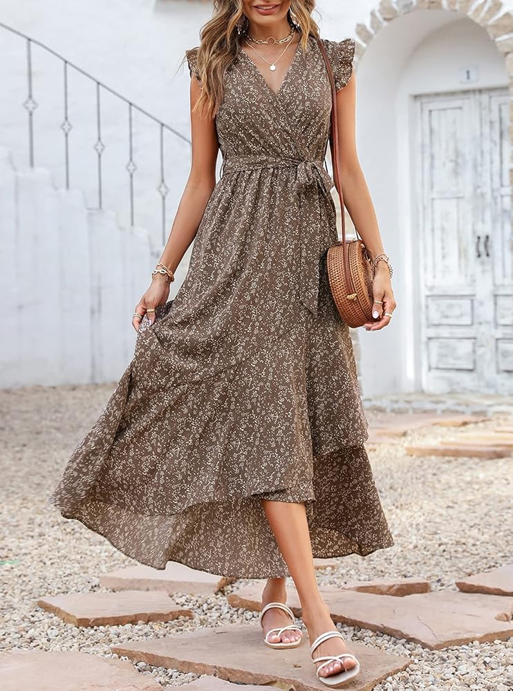 BTFBM Women's Summer Dresses Ruffle Cap Sleeveless V Neck Boho Floral Print Wrap Side Split Long Bea | Amazon (US)