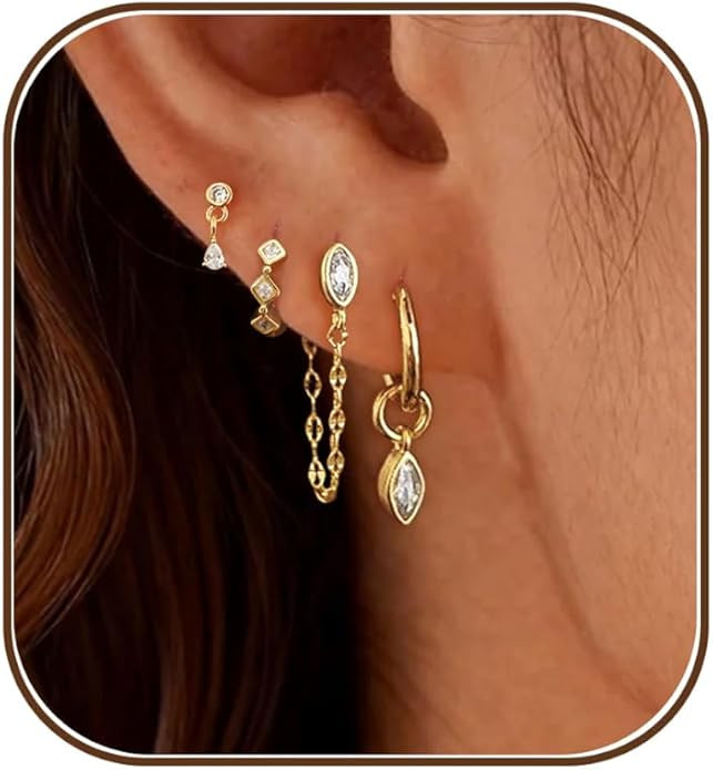 Gold Earrings for Women, Dainty Earring Stacks 14K Gold Plated Chain Earrings Cute Hypoallergenic... | Amazon (US)