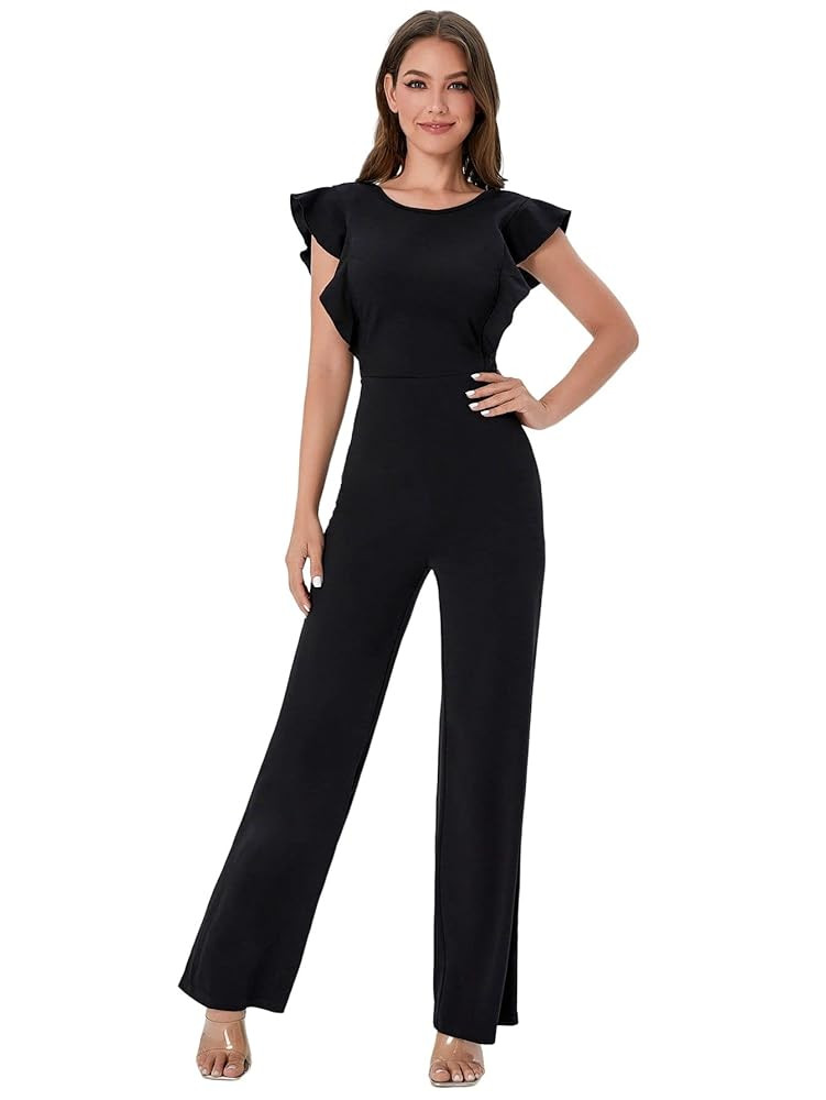 WDIRARA Women's Round Neck Ruffle Trim Cap Sleeve Flare Bell Bottom Jumpsuit Pants | Amazon (US)