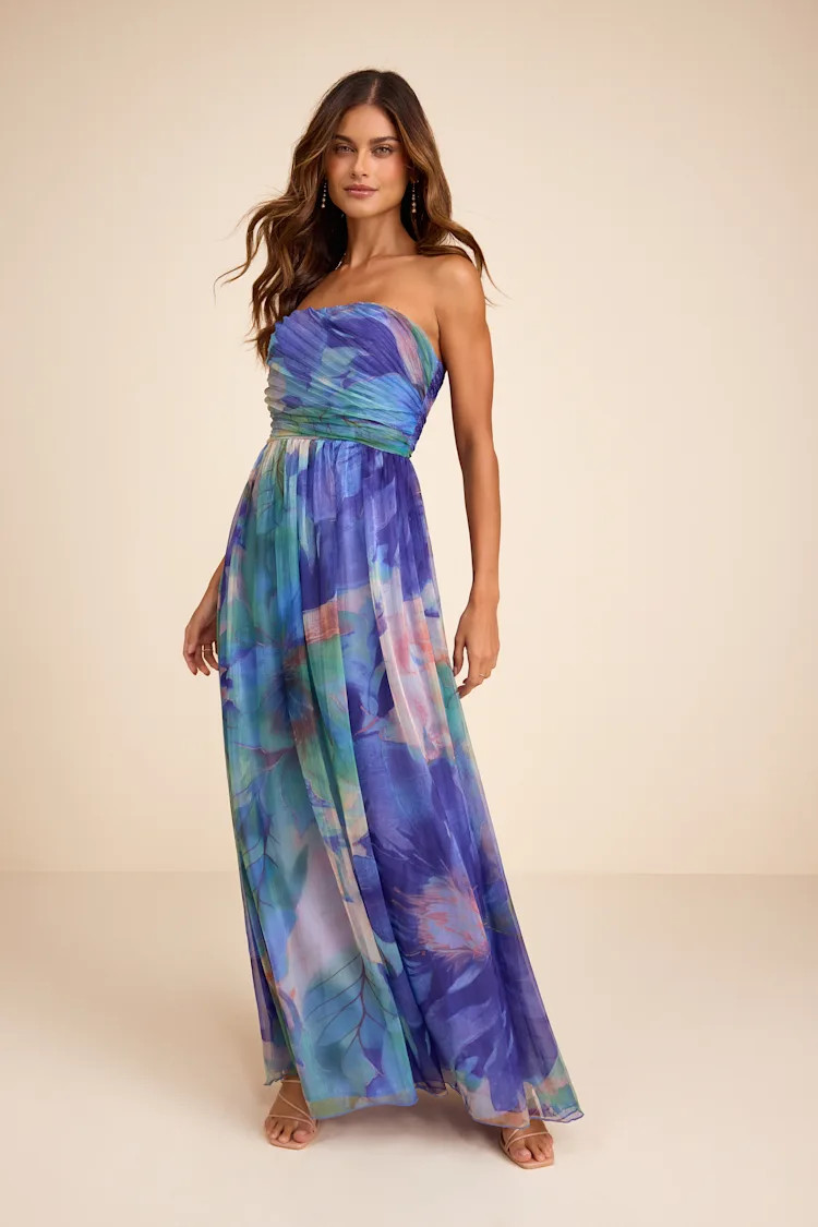 Galilea Blue Multi Floral Strapless Maxi Dress | Lulus