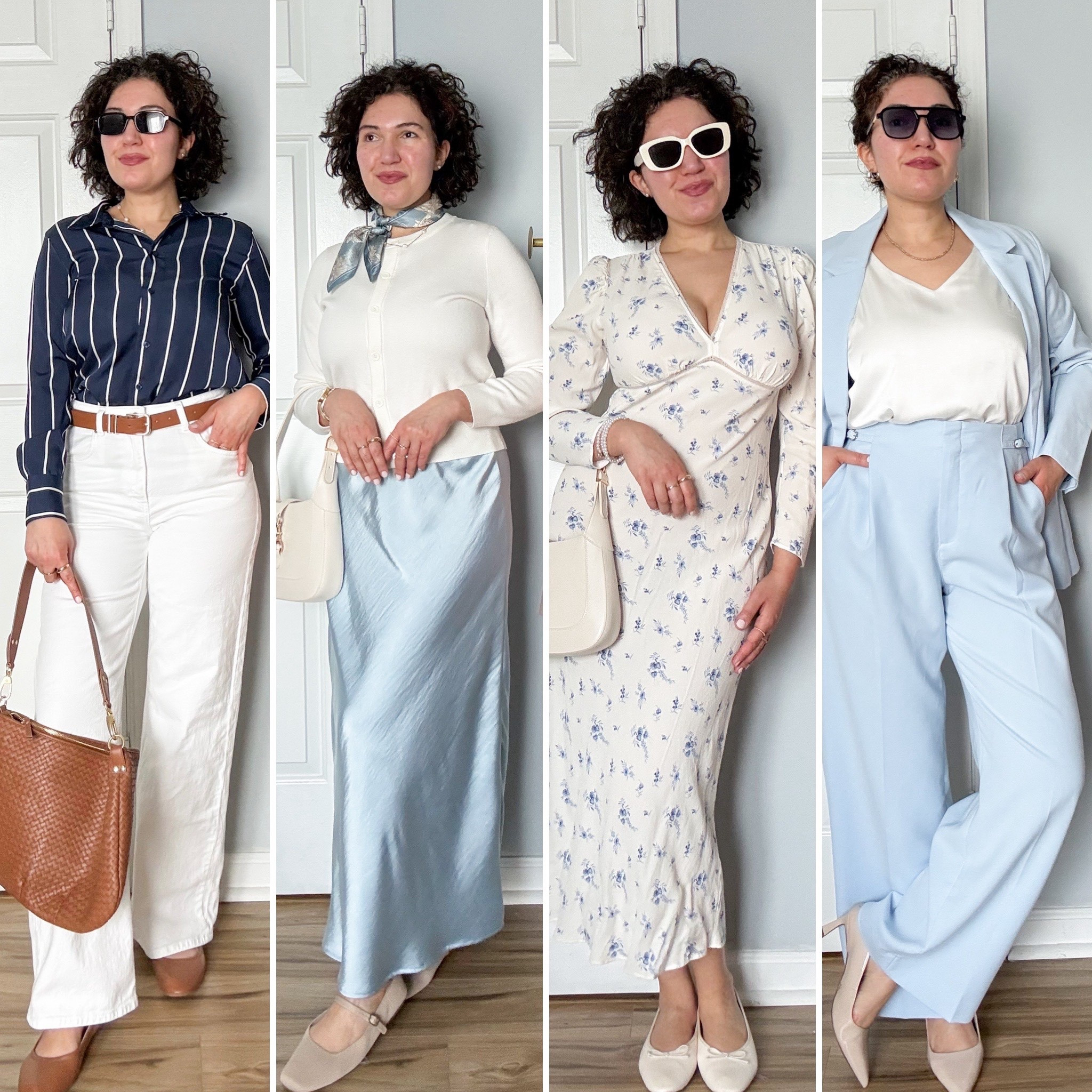 White and blue spring outfits, workwear, white jeans, suit, floral dress, satin skirt 

#LTKOver40 #LTKootd #LTKWorkwear