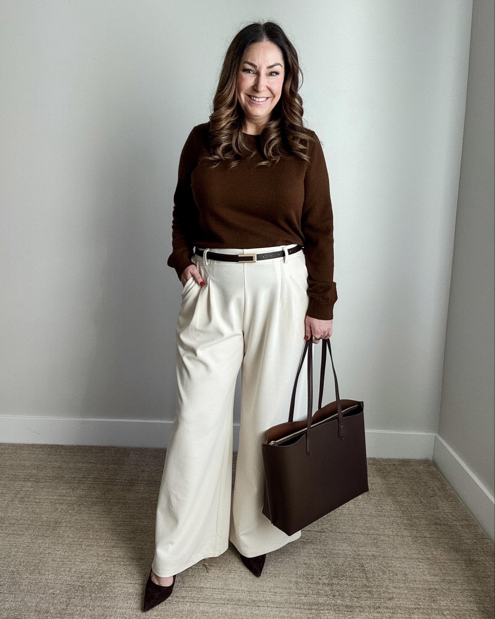 Winter workwear with fleece lined trouser pants! Wearing large in sweater need large in pants run tts 

#LTKMidsize #LTKWorkwear #LTKOver40