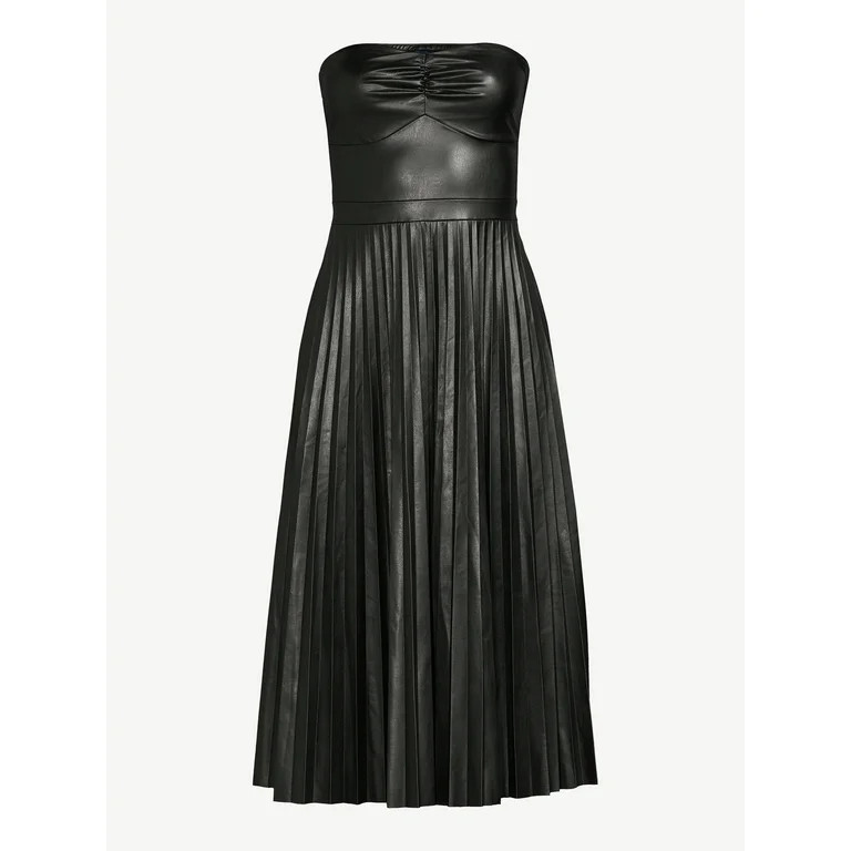 Scoop Women's Faux Leather Strapless Pleated Midi Dress - Walmart.com | Walmart (US)