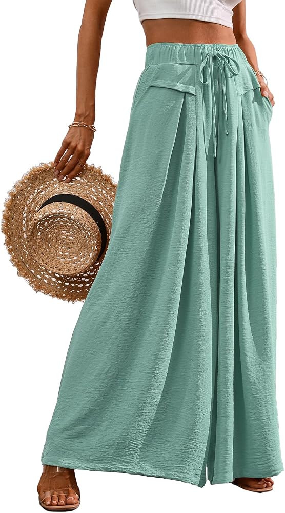 Flowy Wide Leg Palazzo Pants for Women Dressy Summer Casual Elastic Waist Lounge Long Trousers wi... | Amazon (US)