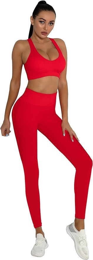 DADAB Workout Sets Two Piece Outfits for Women Clothes Gym Yoga Seamless Racerback Sports Bra Tan... | Amazon (US)