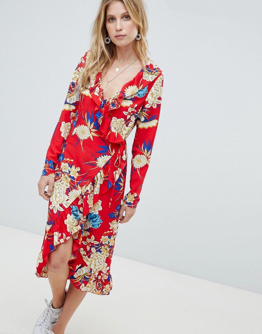 PrettyLittleThing Floral Ruffle Wrap Midi Dress - Red | ASOS US