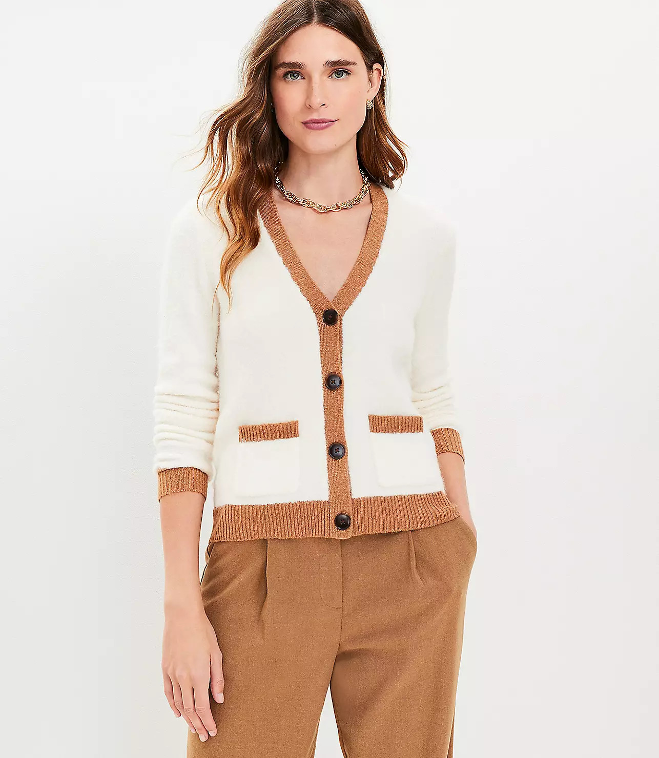 Tipped Boucle V-Neck Pocket Cardigan | LOFT
