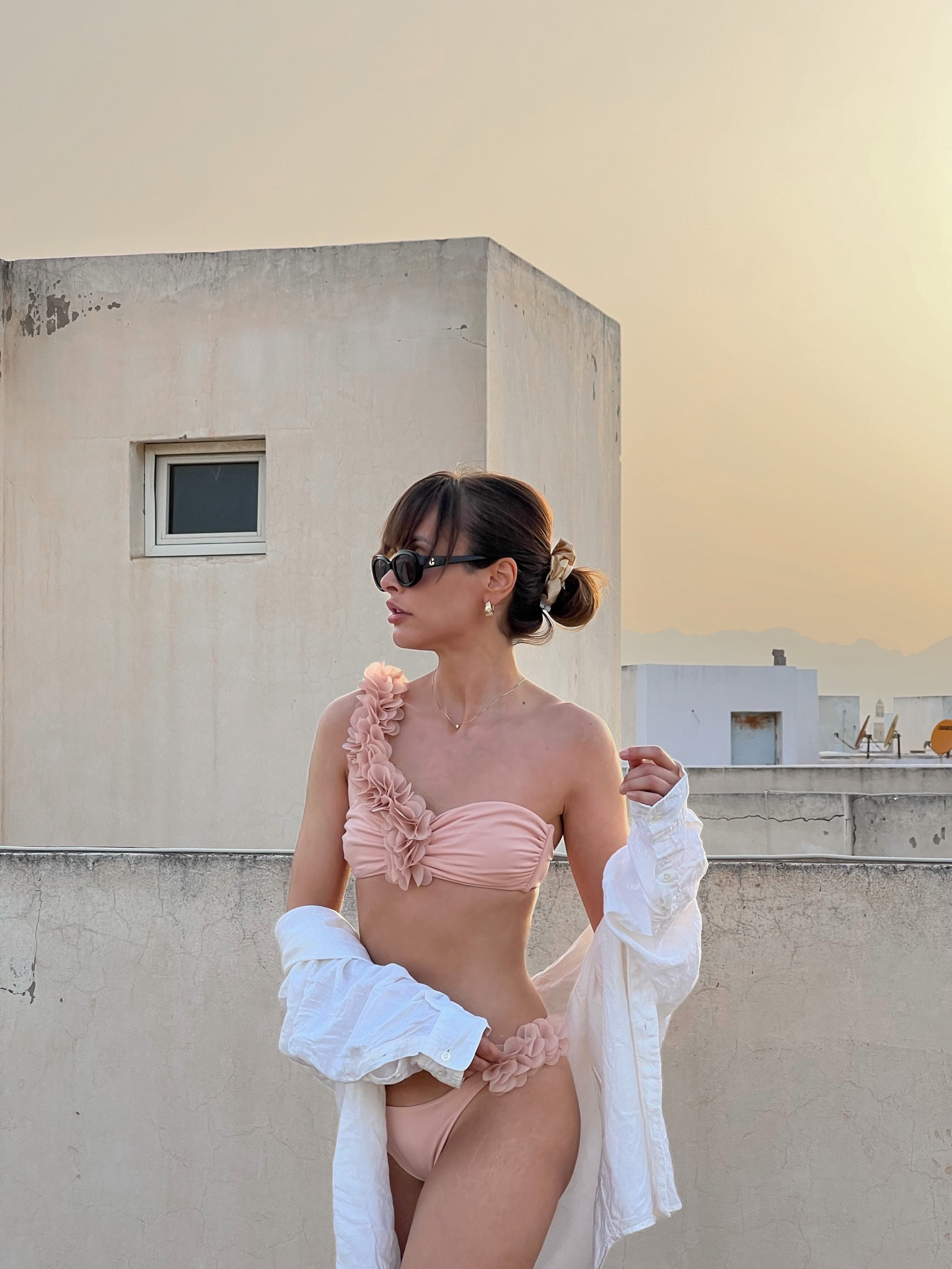 Nude beige bikini, one shoulder rose swimwear, white shirt, earrings, black sunglasses 

#LTKstyletip #LTKSeasonal #LTKeurope