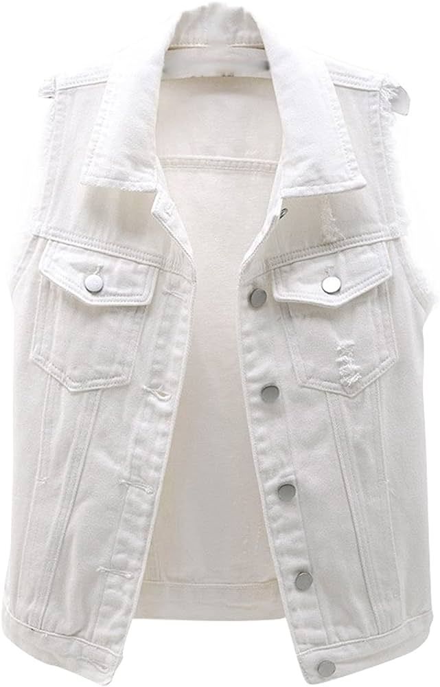 Women's Casual Denim Waistcoat Frayed Sleeveless Ripped Jacket Vest with Pockets | Amazon (US)