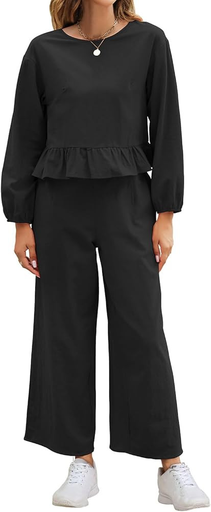 ROYLAMP Women's Spring 2 Piece Outfits Long Sleeve Ruffle Crop Button Back Top Cropped Wide Leg P... | Amazon (US)
