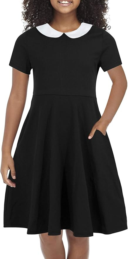 GORLYA Girl's Short Sleeve Casual Vintage Peter Pan Collar Fit and Flare Skater Party Dress with ... | Amazon (US)