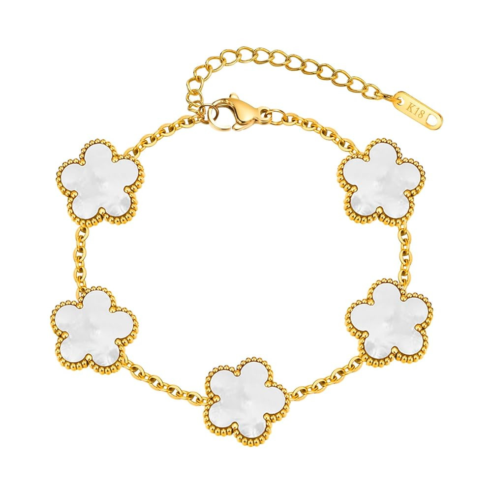 Women Gold Bracelets Jewelry Set - 18K Gold Plated Floral Bracelets,Stainless Steel Charm Bracele... | Amazon (US)