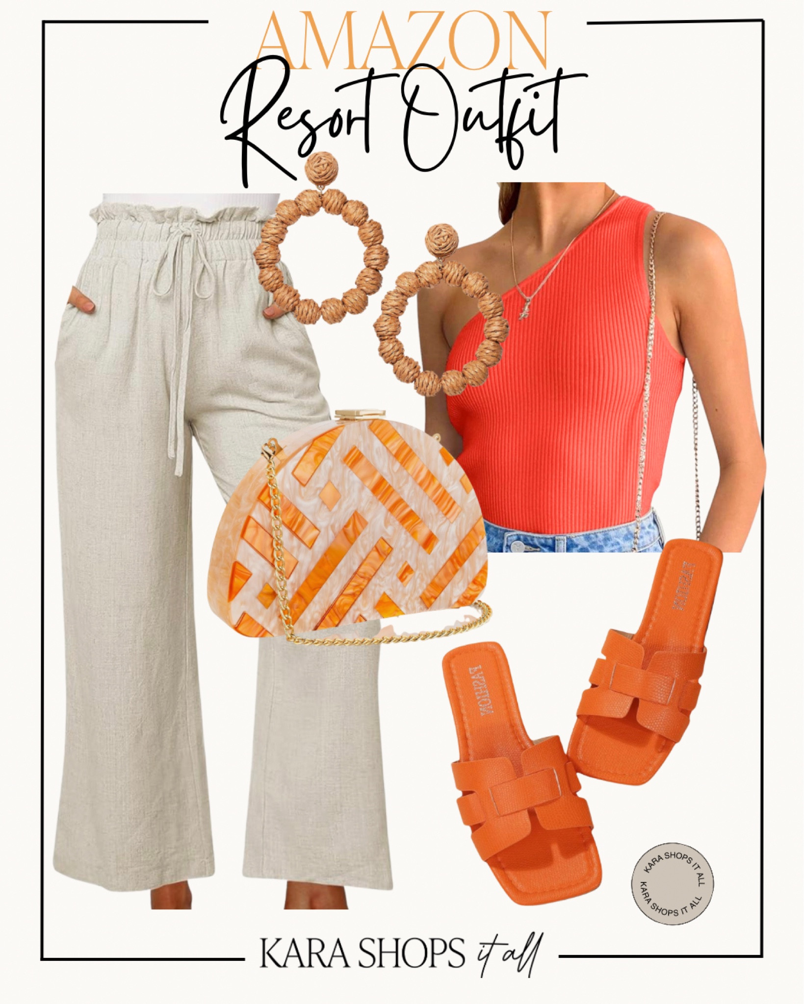Resort outfit! One shoulder top, linen pants, orange sandals, orange clutch, straw earrings! 
Resort outfit from Amazon! 
#Amazon #Amazonfashion

#LTKsalealert #LTKstyletip #LTKSeasonal