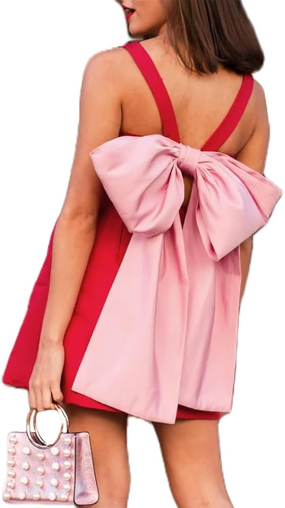 Women's Bow Mini Dress Deep V Neck Short Puff Sleeve Babydoll Dress Romantic Holiday Bowknot Casu... | Amazon (US)