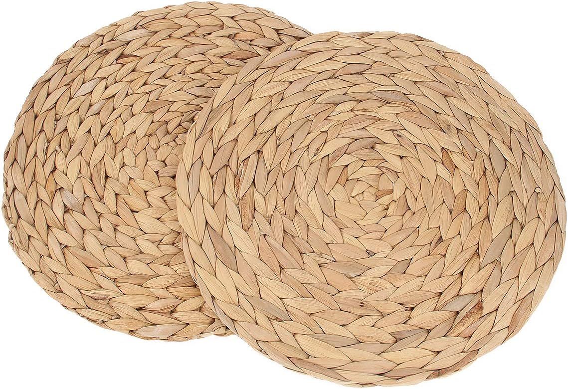 kilofly Natural Water Hyacinth Weave Placemat Round Braided Rattan Tablemats 13.5 inch x 2pc | Amazon (US)