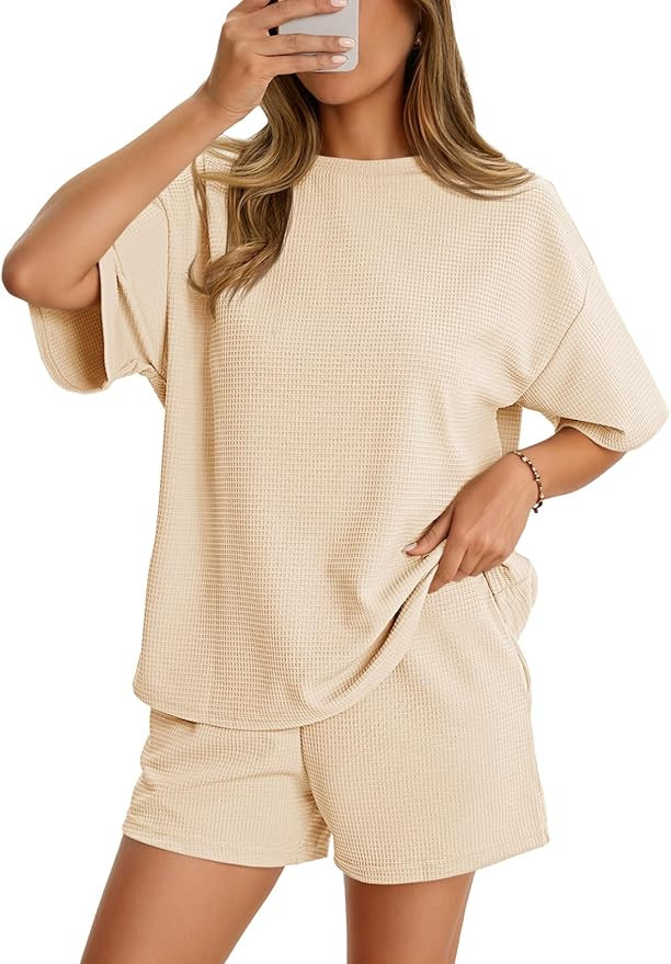 Aoysky Womens Waffle Knit 2 Piece Outfits Casual Short Sleeve Shirts and Shorts Sets Loose Fit Su... | Amazon (US)