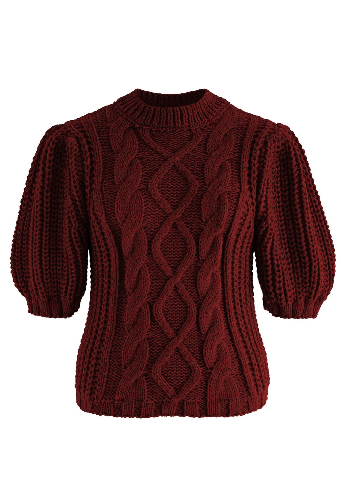 Bubble Sleeve Braided Ribbed Sweater in Burgundy | Chicwish