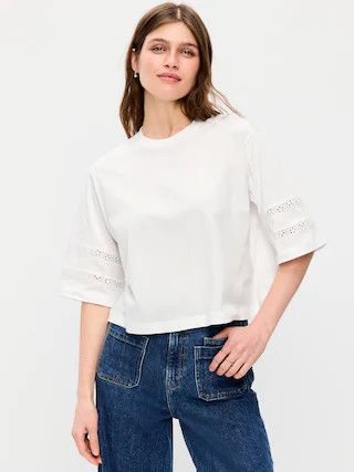 Vintage Crew-Neck Cropped Lace-Trim T-Shirt | Old Navy (US)