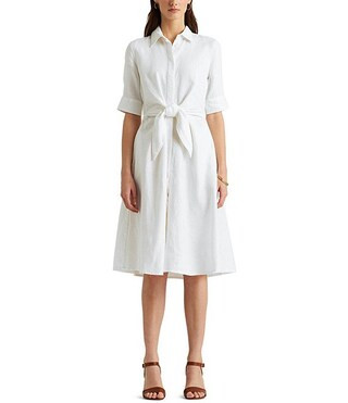 Linen Short Sleeve Button Down Self Tie Waist Shirt Dress | Dillard's