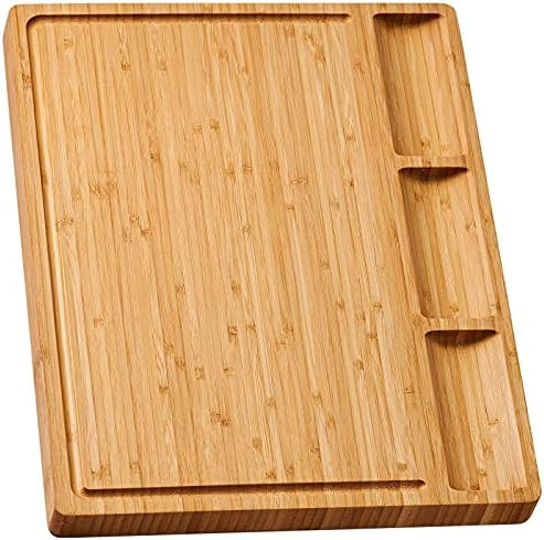 Large Bamboo Wood Cutting Board for Kitchen, Cheese Charcuterie Board with 3 Built-in Compartment... | Amazon (US)