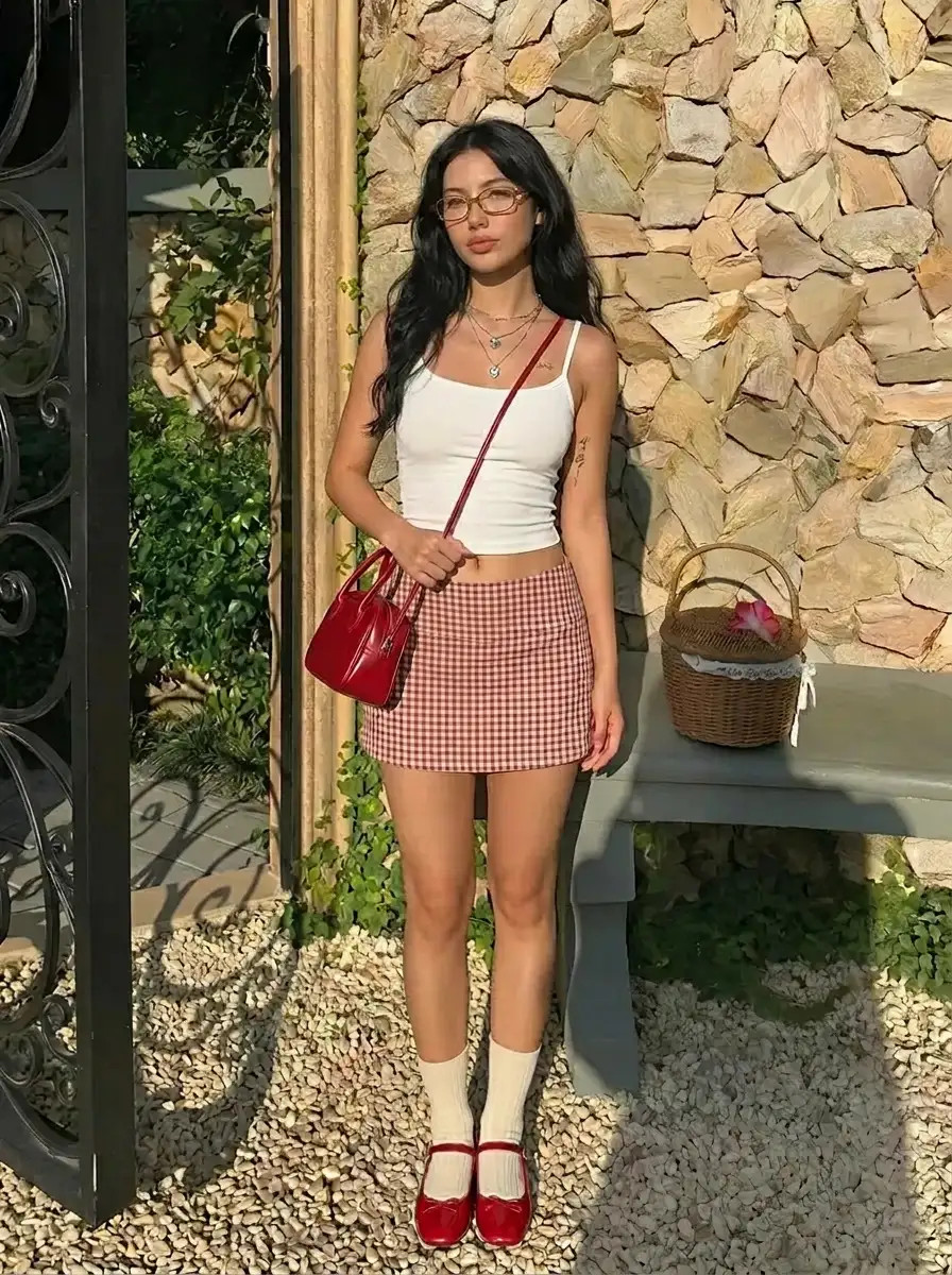 Jacquard High Rise Gingham A-line Mini Skort | Cider
