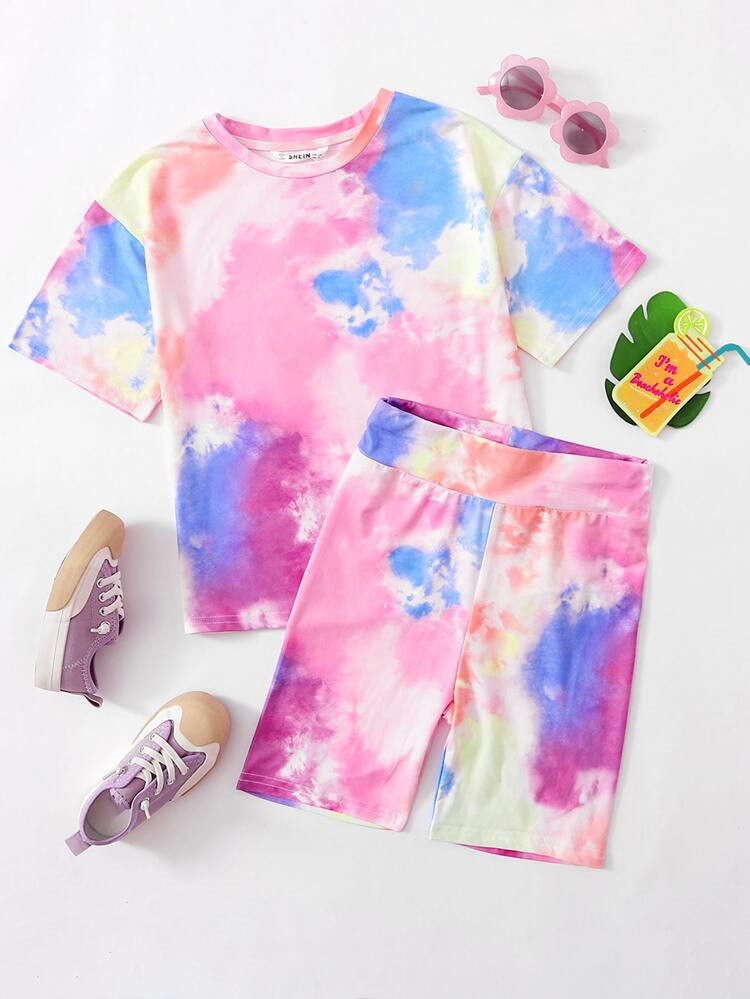 SHEIN Kids Y2Kool Girls Tie Dye Tee and Biker Shorts Set | SHEIN