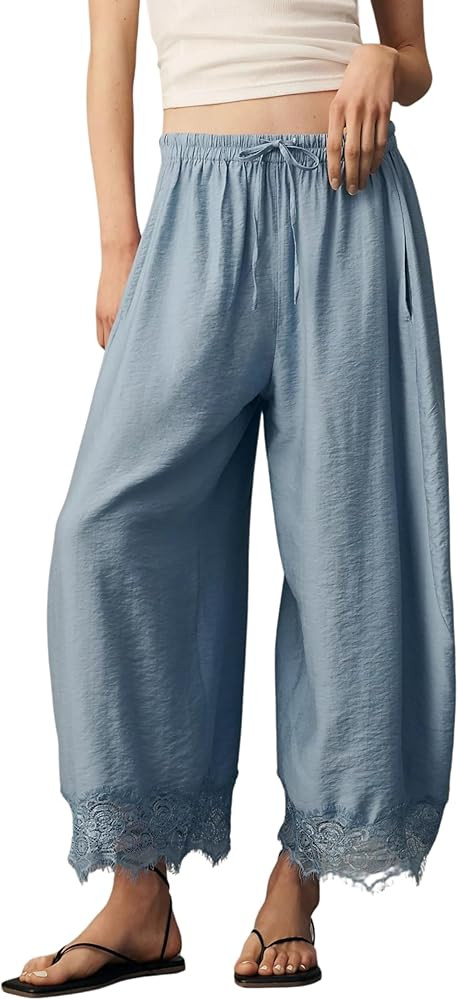 PUWEI Women's Cropped Lace-Hem Pants High Waisted Drawstring Wide Leg Pants Casual Lightweight Tr... | Amazon (US)