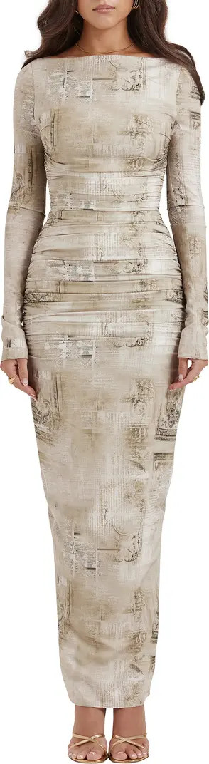 Lanetta Ruched Bateau Neck Long Sleeve Georgette Dress | Nordstrom