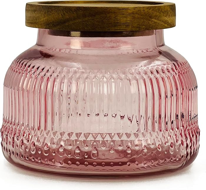 Decorative Pink Glass Jar with Airtight Wooden Lid 25.4 oz, Wide Mouth Vintage Kitchen Food Stora... | Amazon (US)