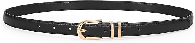 JASGOOD Womens Thin Leather Belt Skinny Faux Leather Belt for Jeans Dress with Gold Alloy Buckle | Amazon (US)