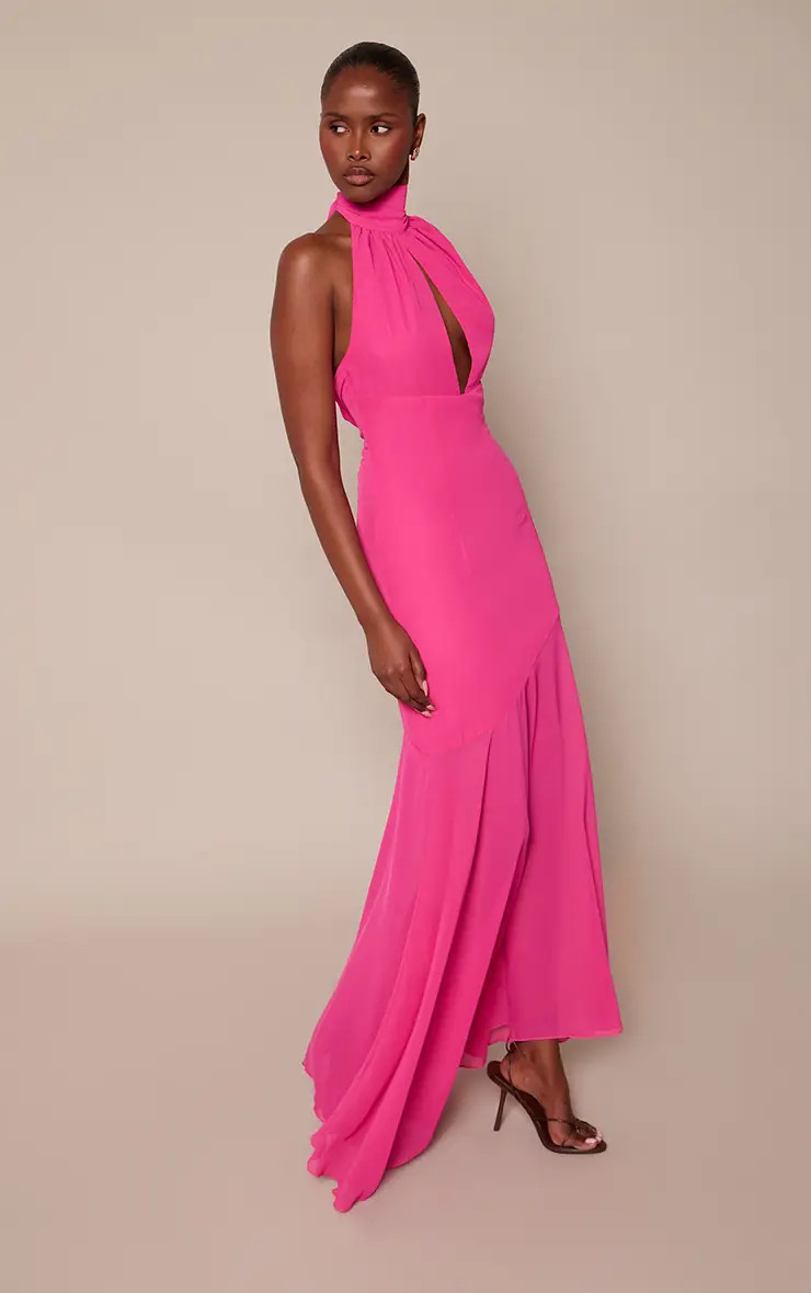 Fuschia Chiffon Asymmetric Dropped Waist Halterneck Maxi Dress | PrettyLittleThing UK