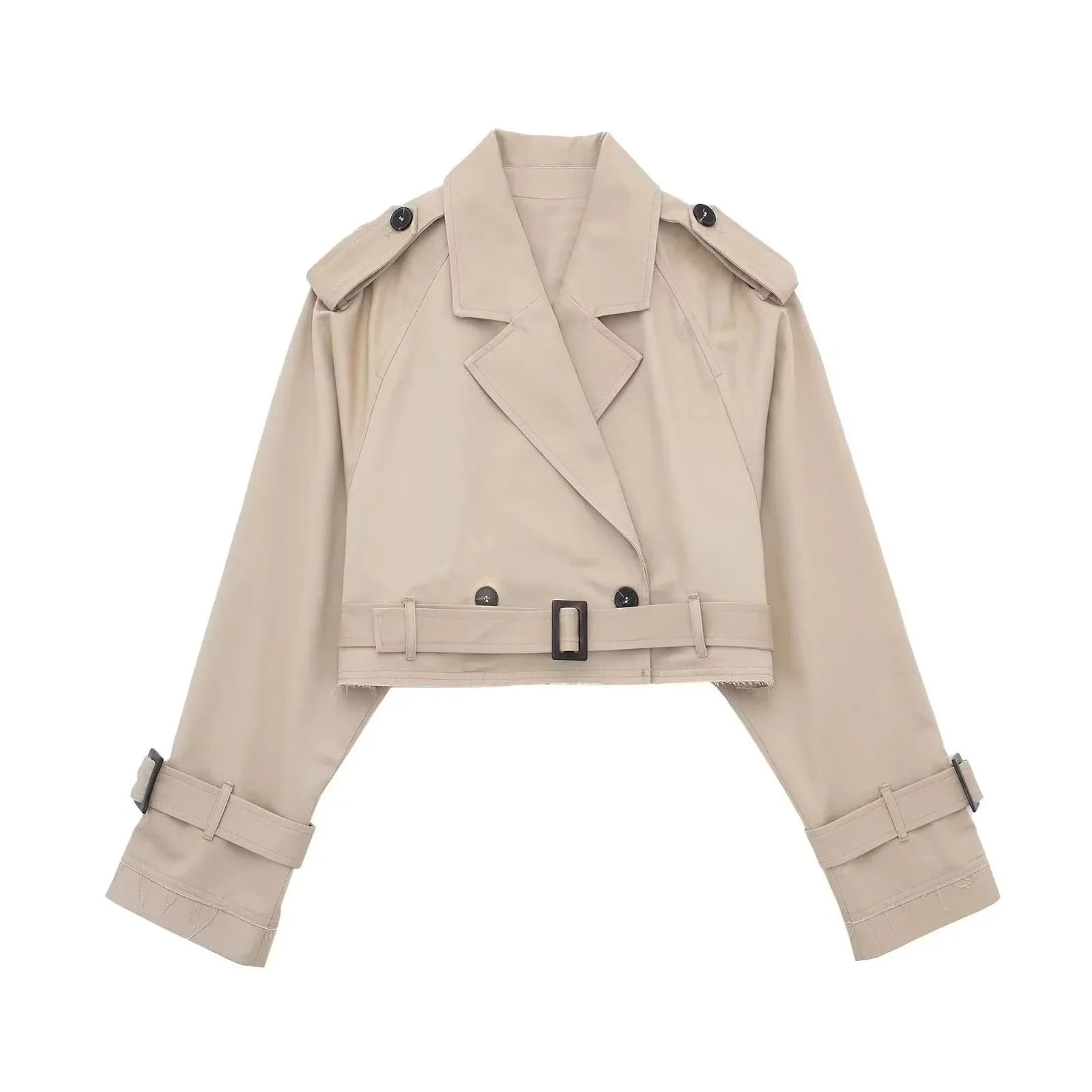 Lovskoo Women's Casual Lapel Double Breasted Trench Jacket Cropped Coat Outwear with Belt Khaki | Walmart (US)