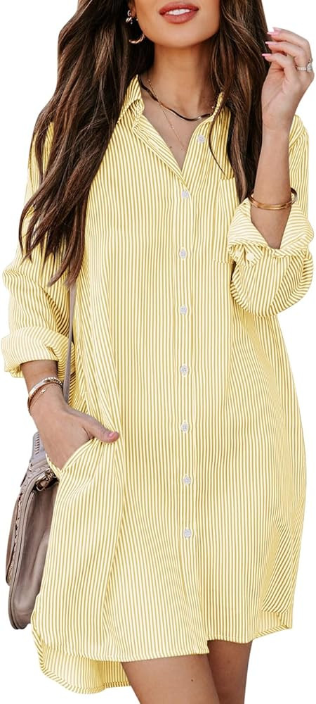 Womens Button Down Shirt Dresses with Pockets Cotton Striped Shirts Collared Tunics Long Sleeve H... | Amazon (US)