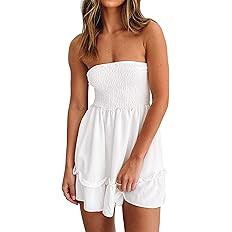 Tube Top Dress for Women Summer Solid Strapless Mini Dresses, Off The Shoudle Ruffle Beach Dress | Amazon (US)