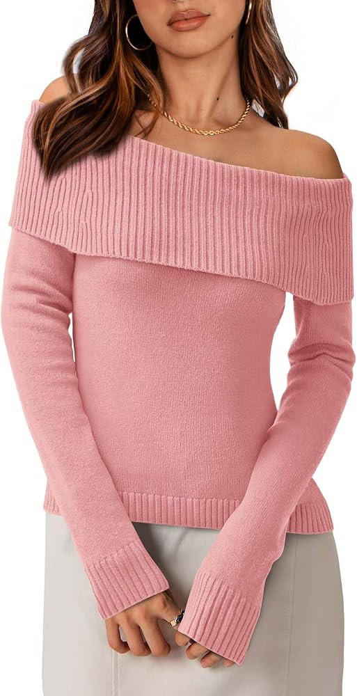 PRETTYGARDEN Women's Fall Off Shoulder Sweaters Y2K Long Sleeve Ribbed Knit Fitted Pullover Winte... | Amazon (US)