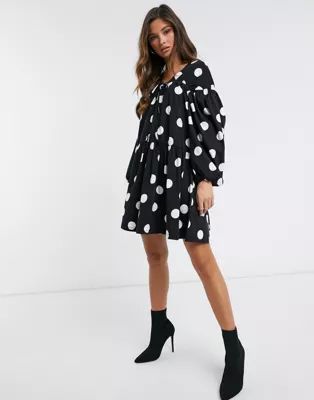 ASOS DESIGN oversized tiered smock dress in black and white polka dot | ASOS (Global)