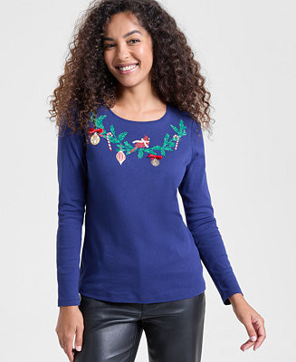 Holiday Lane Women's Holiday Cardinal Long-Sleeve Top, Macy's Exclusive - Macy's | Macy's
