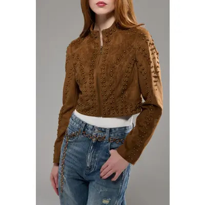AZALEA WANG Silza Studded Faux Suede Moto Jacket in Brown at Nordstrom, Size Large | Nordstrom
