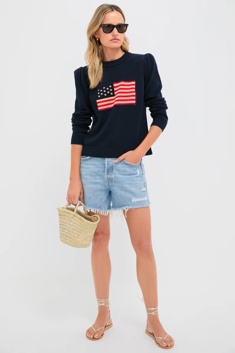 Navy Cropped Cotton Puff Sleeve Americana | Tuckernuck (US)