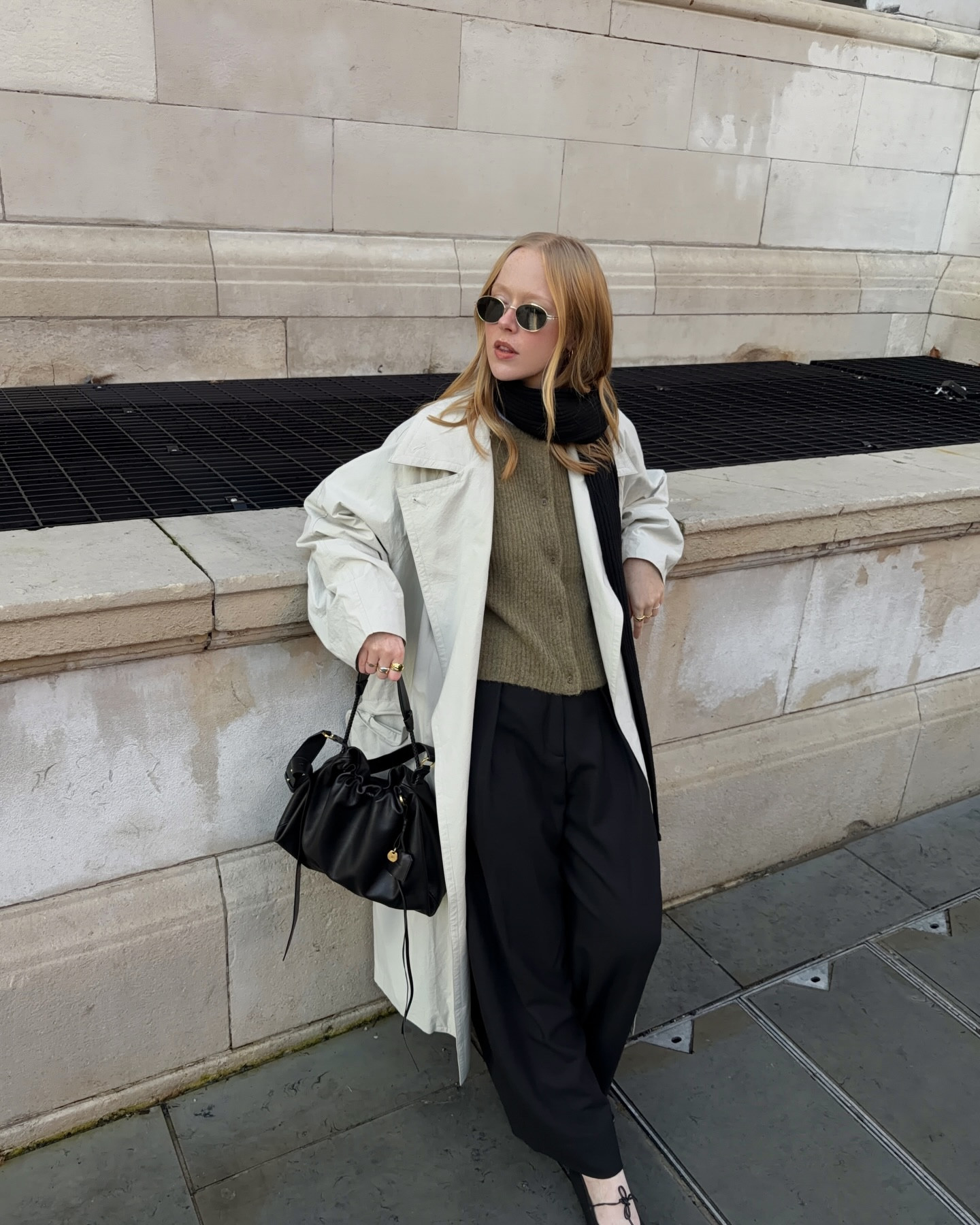 Trench Coat, Khaki Knitwear, Short Sleeve Cardigan, Barrel Leg Trousers, Black Trousers, Songmont Bag, Black Scarf

#LTKwinter #LTKuk #LTKfestive