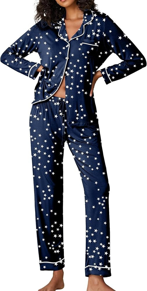 Ekouaer Pajamas Women's Long Sleeve Sleepwear Soft Button Down Loungewear Pjs Lounge Set Nightwea... | Amazon (US)