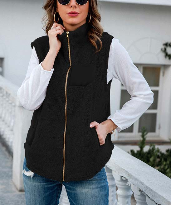 Floral Blooming Women's Outerwear Vests Black - Black Faux Fur Vest - Women | Zulily