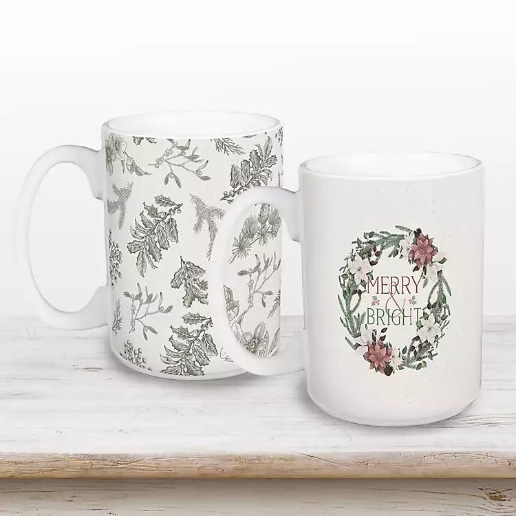 New! Merry & Bright Wreath Christmas Mugs, Set of 2 | Kirkland's Home