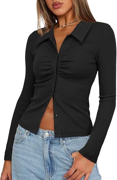 Darong Women's Long Sleeve Button Down Ruched Crop Top Shirts Going Out Tops Slim Fitted Y2K Tops | Amazon (US)