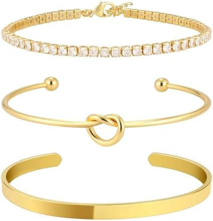 Gold Bangle Cuff Knot Bracelet for Women Stack Non Tarnish Gold Plated Cubic Zirconia Tennis Brac... | Amazon (US)