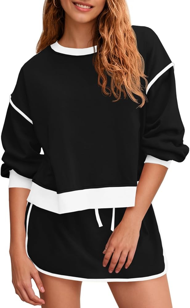 Fisoew Womens Sweatsuits 2 Piece Set Crewneck Sweatshirts High Waisted Skort Skirts Tennis Runnin... | Amazon (US)