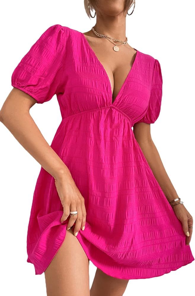 WDIRARA Women's Puff Sleeve Deep V Neck Tie Back Mini A Line Swing Dress | Amazon (US)