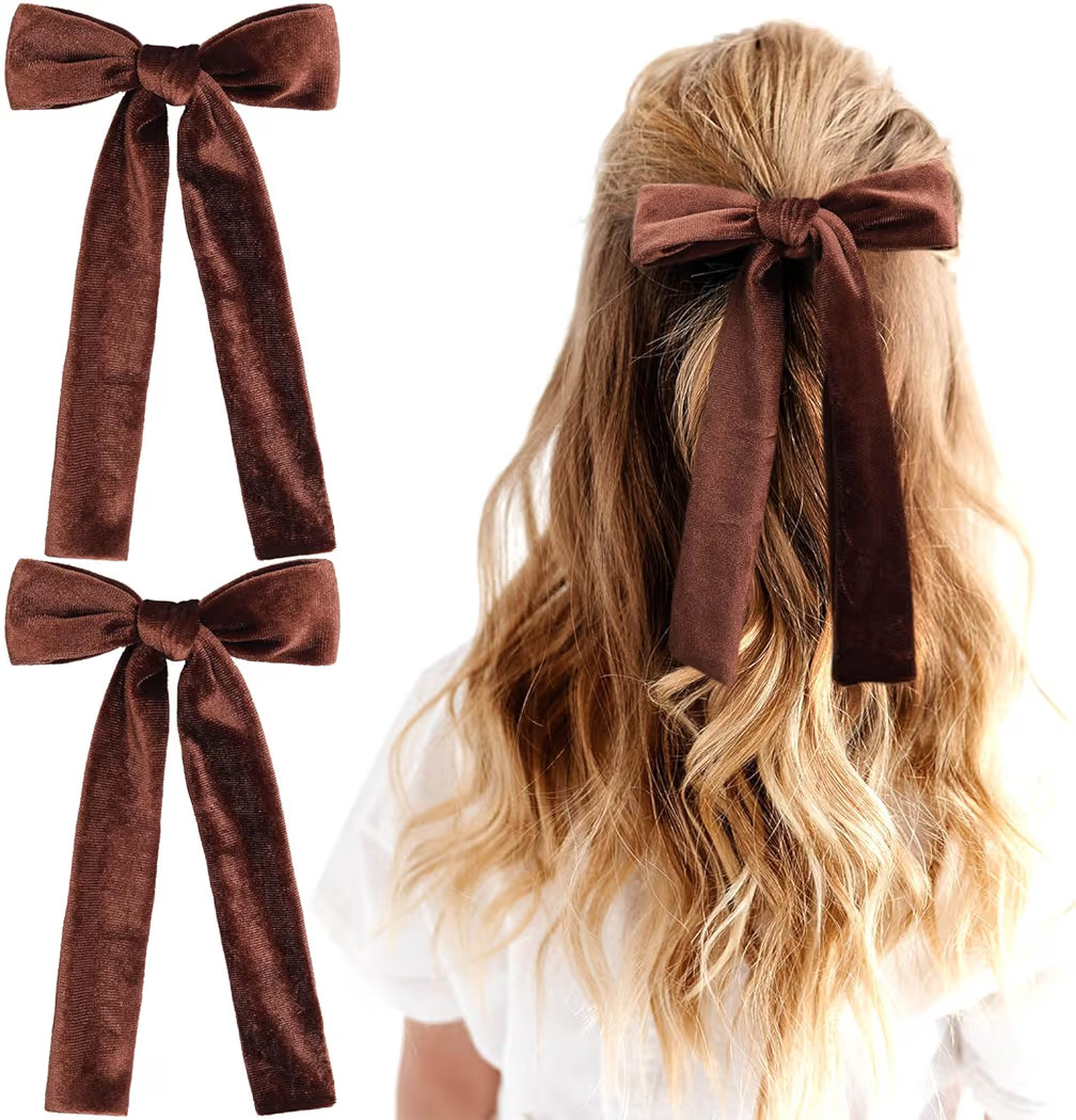 2Pcs Long Ribbon Hair Bows for Girls Hair Clip Silk Hair Bow Ribbon Hair Accessories for Baby Toddlers Infant Teens Kids (Brown-Velvet) | Amazon (US)