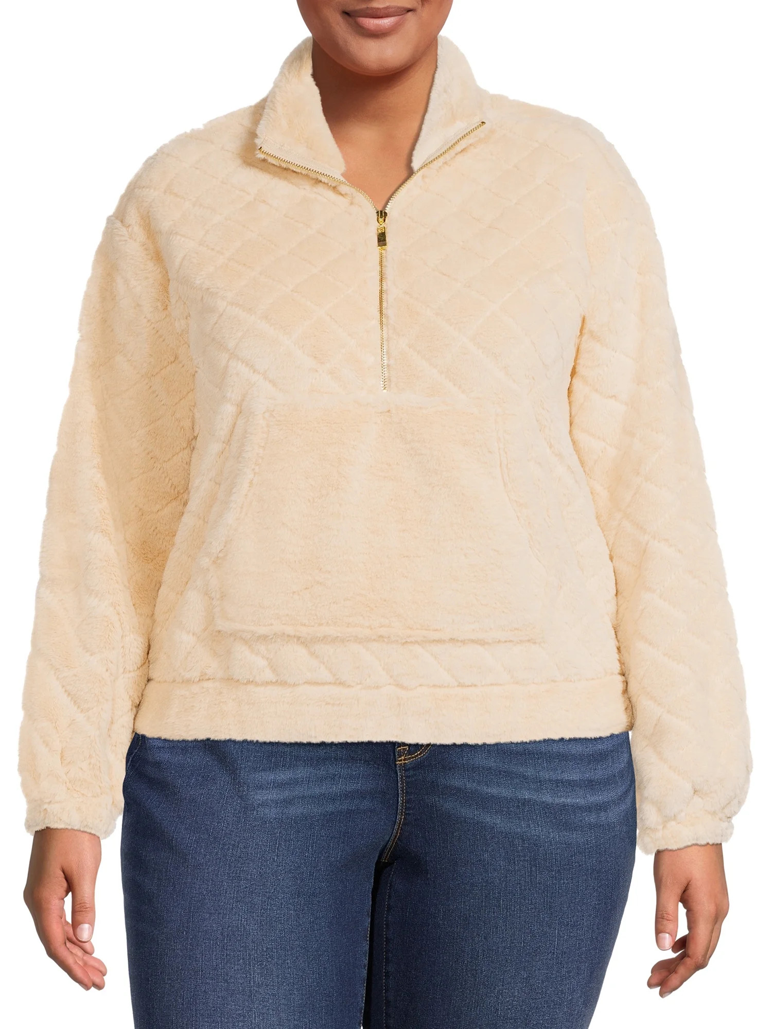 No Boundaries Juniors' Plus Size Quilted Faux Fur Pullover | Walmart (US)
